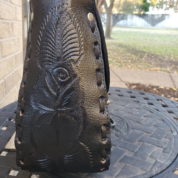 Mexican Hand Tooled Black Leather Bag - Picture 4 of 13